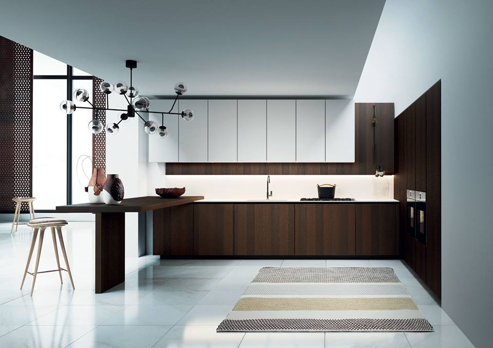 AREA 22 olasz konyhabútor szekrények fehér színben sötét alsó résszel enteriőrben