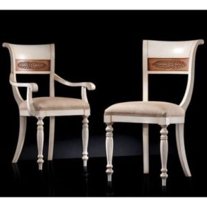 A Pergamena olyan klasszikus szék, amely egy fehérre festett, faberakásos háttámlával rendelkező ülőalkalmatosság.