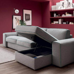 Az Efron ágyazható kanapé üléspárnája tároló rekeszt is rejt, amely kiválóan alkalmas további takarók és párnák tárolására.