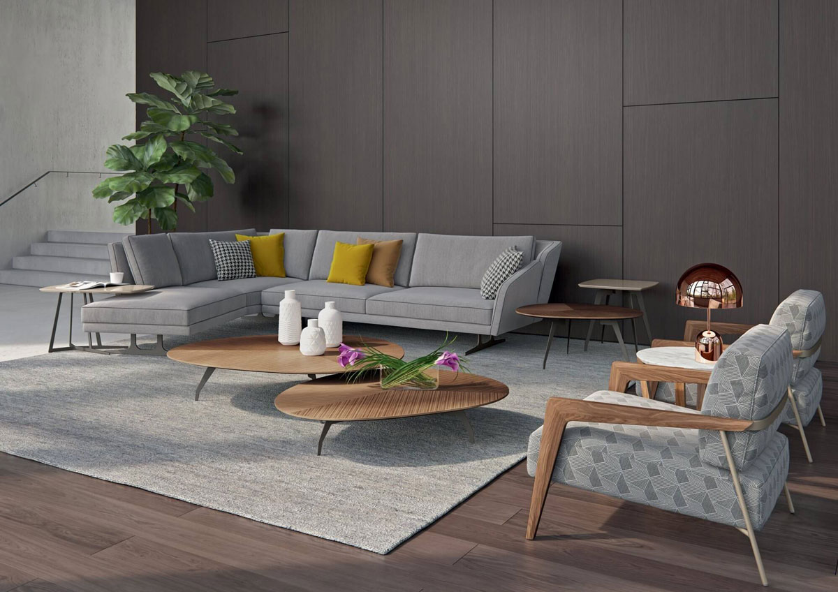 Nikita design kanapé világos színben sarokváltozat párnákkal enteriőrben