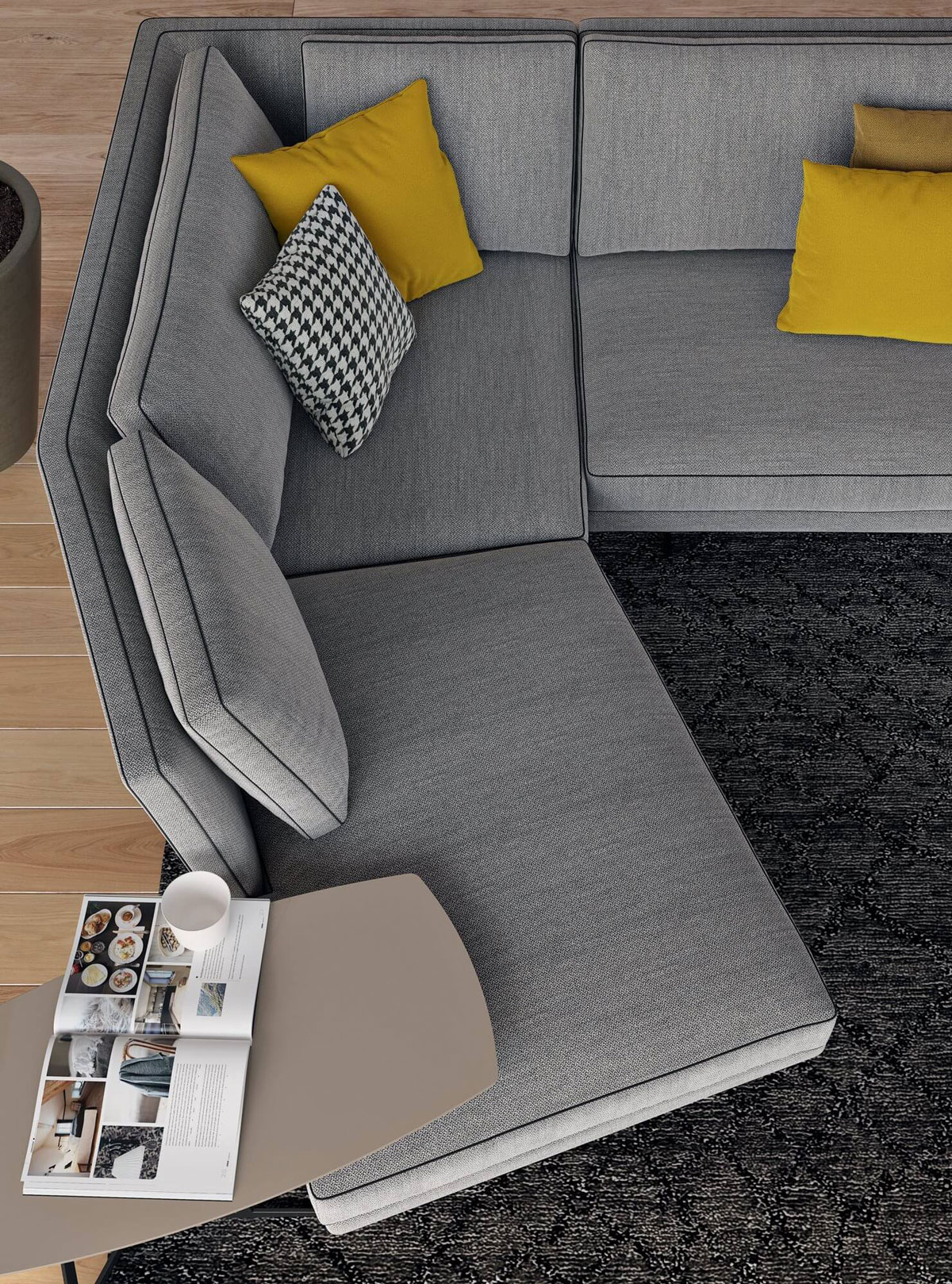 Nikita design kanapé világos színben sarokváltozat párnákkal felülről